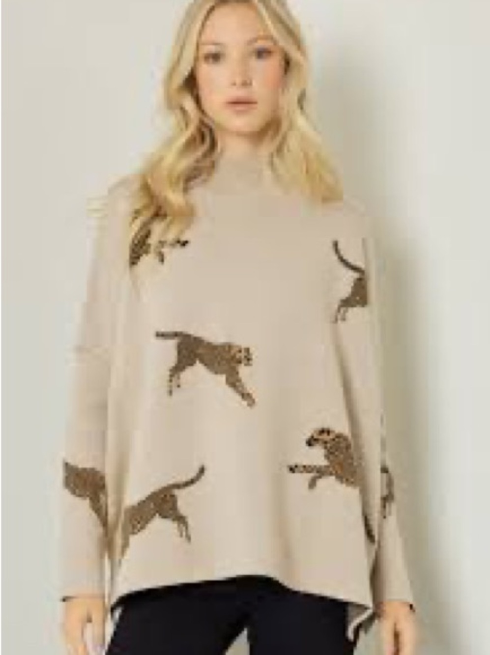 Beige Leopard Motif Women's poncho sweater - Crew Neck